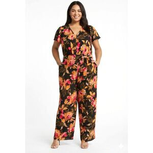 Maggy London Jumpsuit 22W Floral Wide Leg Tie Waist V Neck Floral Vacation Black